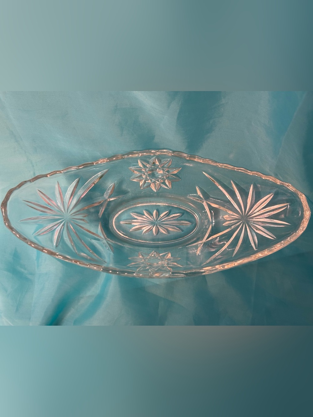 Vintage Clear Pressed Glass Relish Dish – Starburst Floral Pattern